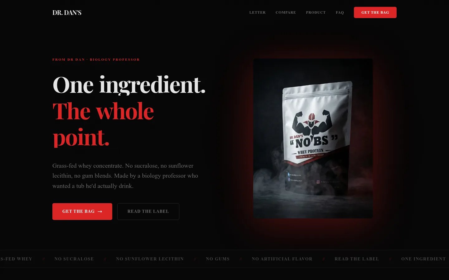 Dr. Dan’s protein brand site — one-ingredient hero
