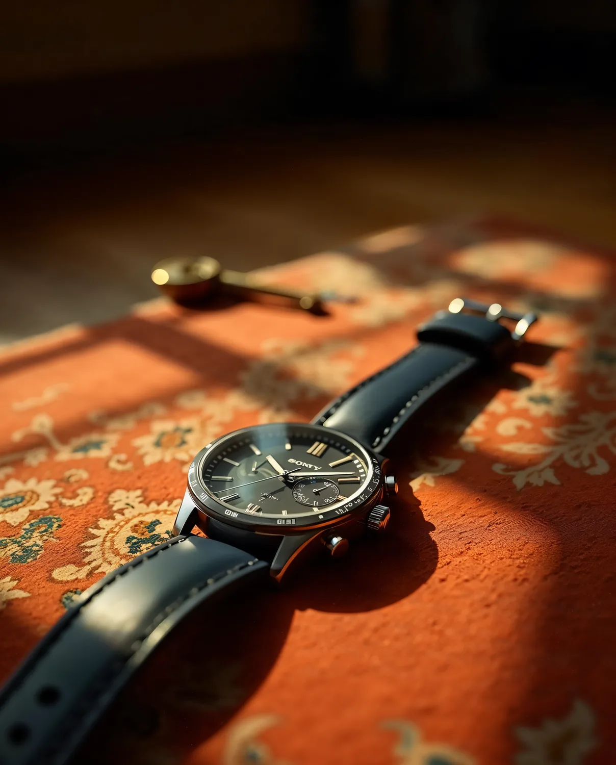 Mechanical watch on a vintage Persian carpet at dusk